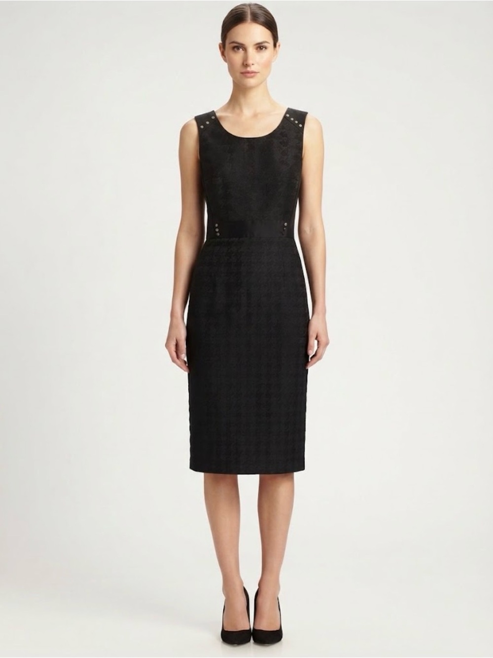 Tahari x Arthur S. Levine Black Houndstooth Sleeveless Knee-Length Sheath Dress
